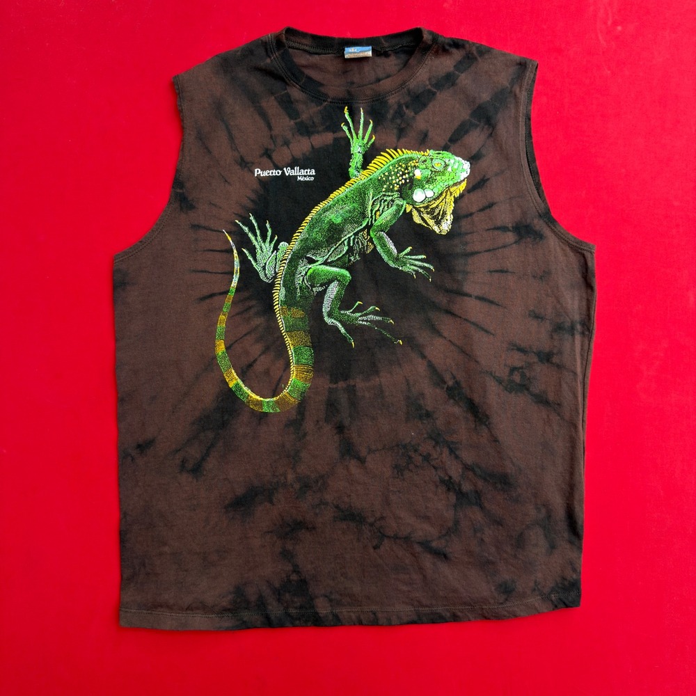 Sunny Puerto Vallarta Mexico Iguana Tie Dye Muscle Tee Mens XXL Brown Sleeveless
